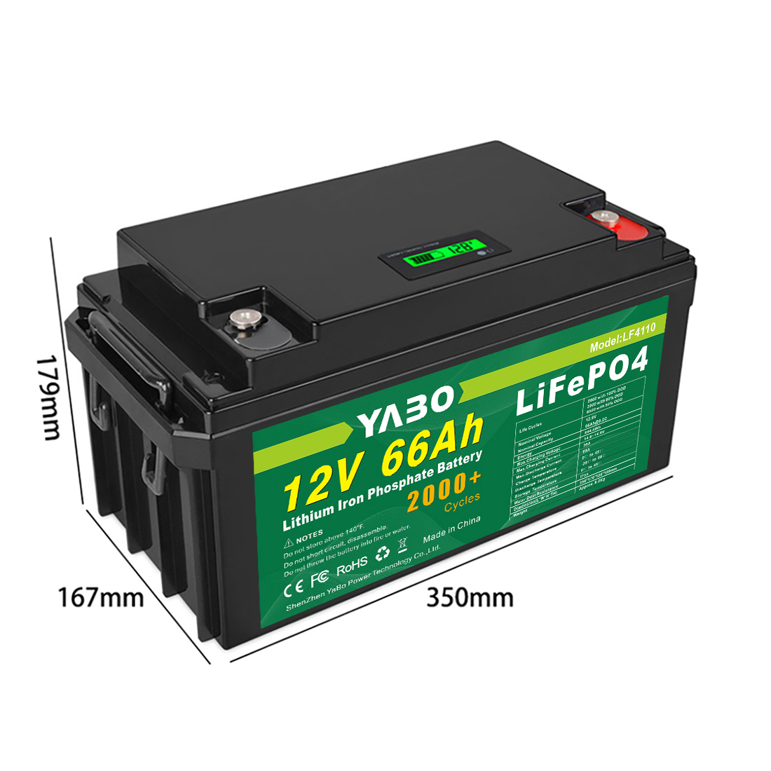 YABO 12V 66Ah Stockage de batteries solaires marines LiFePO4 Batterie